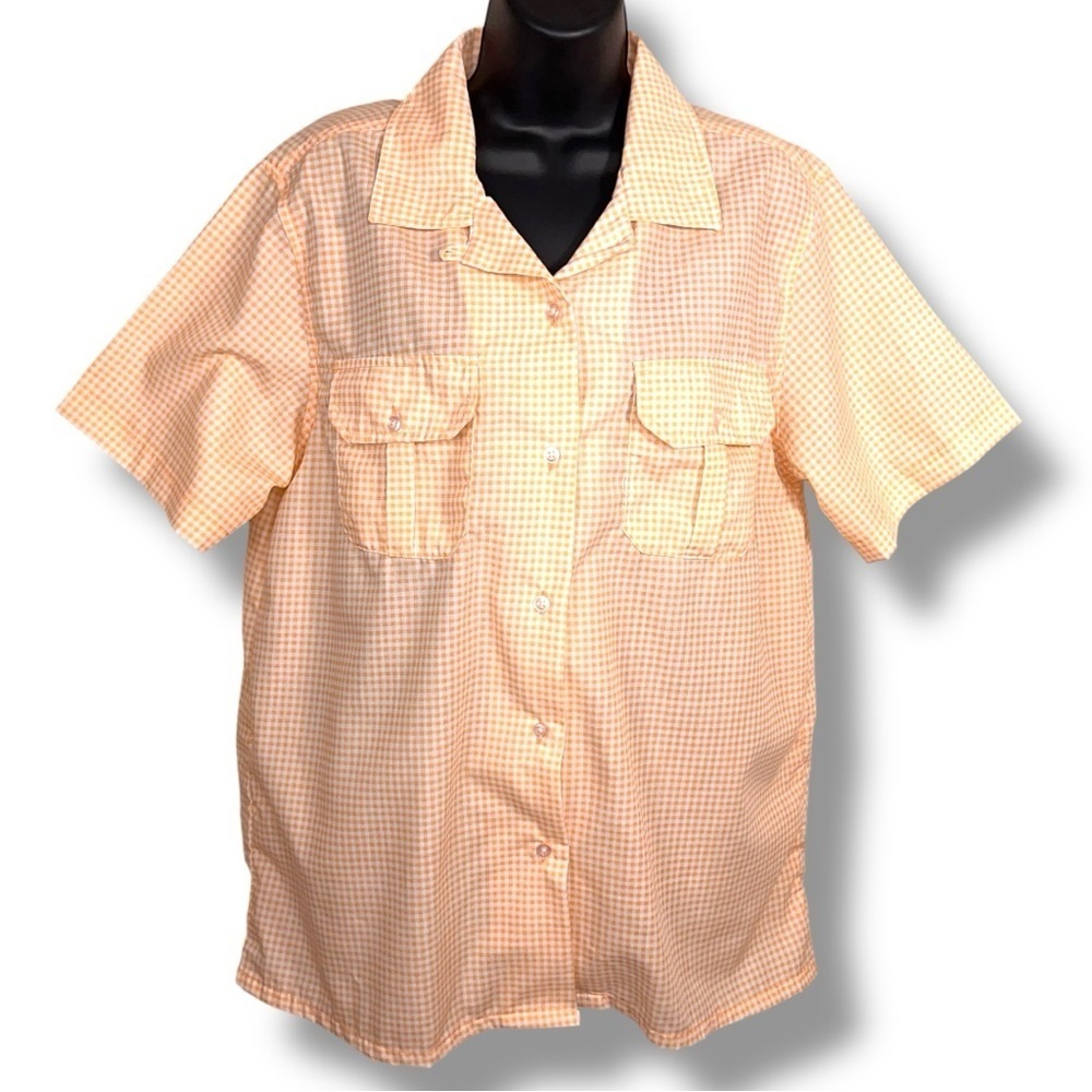 Vintage American Sweetheart Orange White Gingham Button Up Top Cottagecore Retro